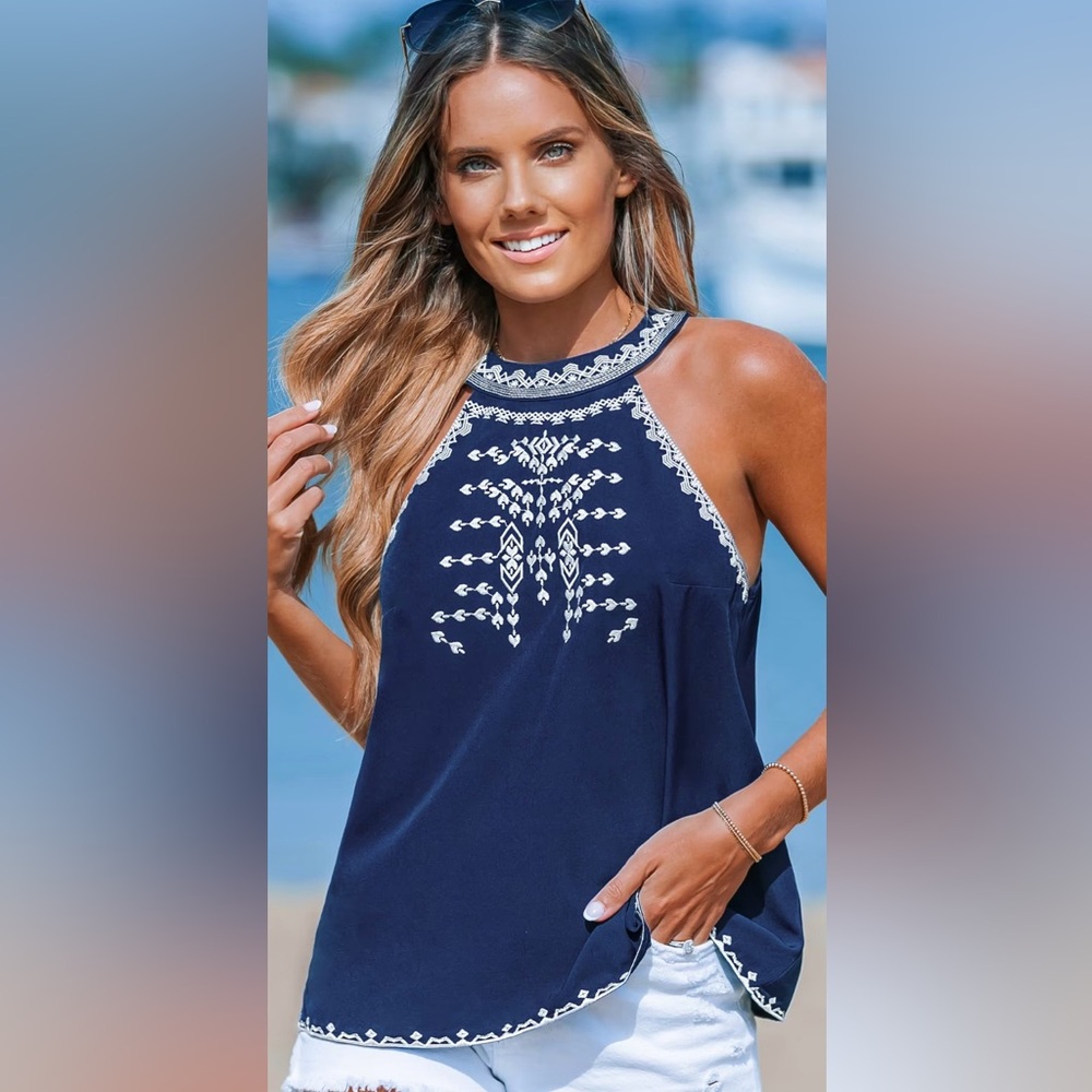 CUPSHE Navy Embroidered Sleeveless Halter Top, NWT, Size M